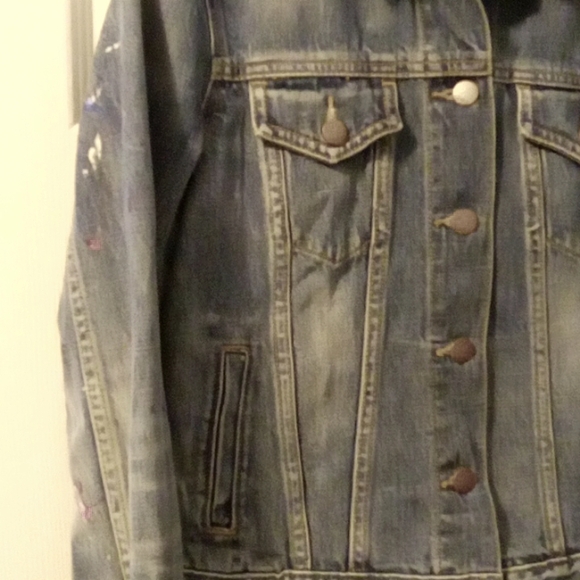 VINTAGE CUSTOM HAND PAINTED MULTICOLORED HEART GRAFFITI  BLUE DENIM JACKET XS - Picture 5 of 6